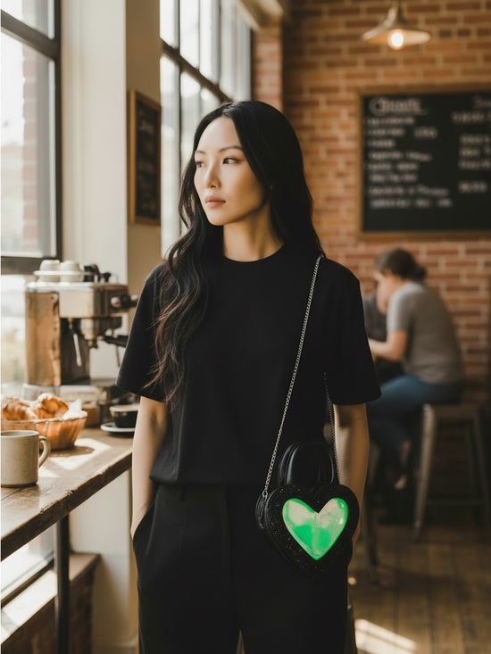 OMG Handbags - Heart-Shaped Black and Green Crossbody Bag